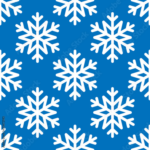 Snowflake simple seamless pattern. White snow on blue background. Abstract wallpaper, wrapping decoration. Symbol of winter, Merry Christmas holiday, Happy New Year celebration Vector illustration