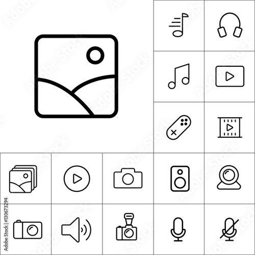 thin line picture, photo gallery icon on white background, multi