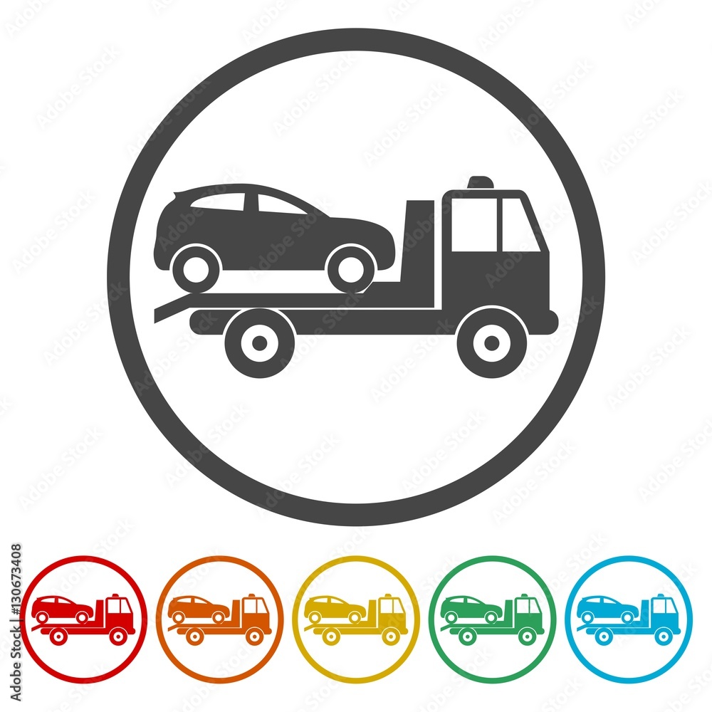 Car towing truck icons set 