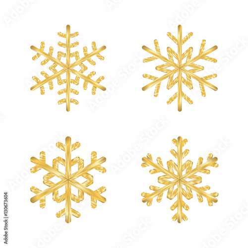 Gold Christmas snowflakes icons set. Golden silhouette snow flake signs isolated on white background. Design for card, decoration. Symbol winter, New Year holiday celebration Vector illustration