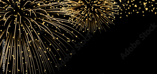 Gold bright firework, confetti on black Christmas background. Golden decoration abstract design Happy New Year card, greeting, Xmas holiday celebrate, invitation. Space effect Vector illustration