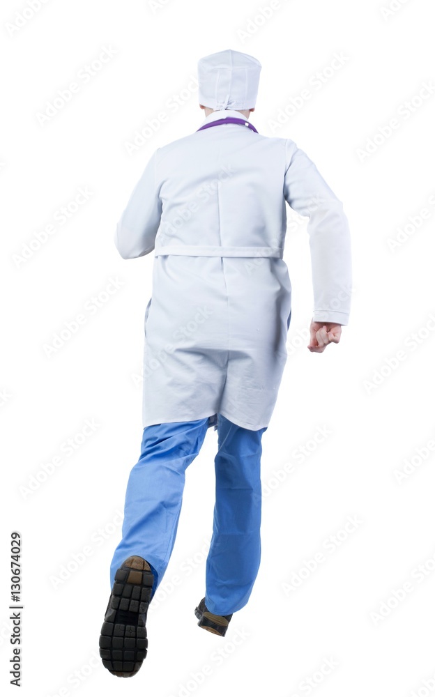 Back view of running doctor in a robe hurrying to help the patie