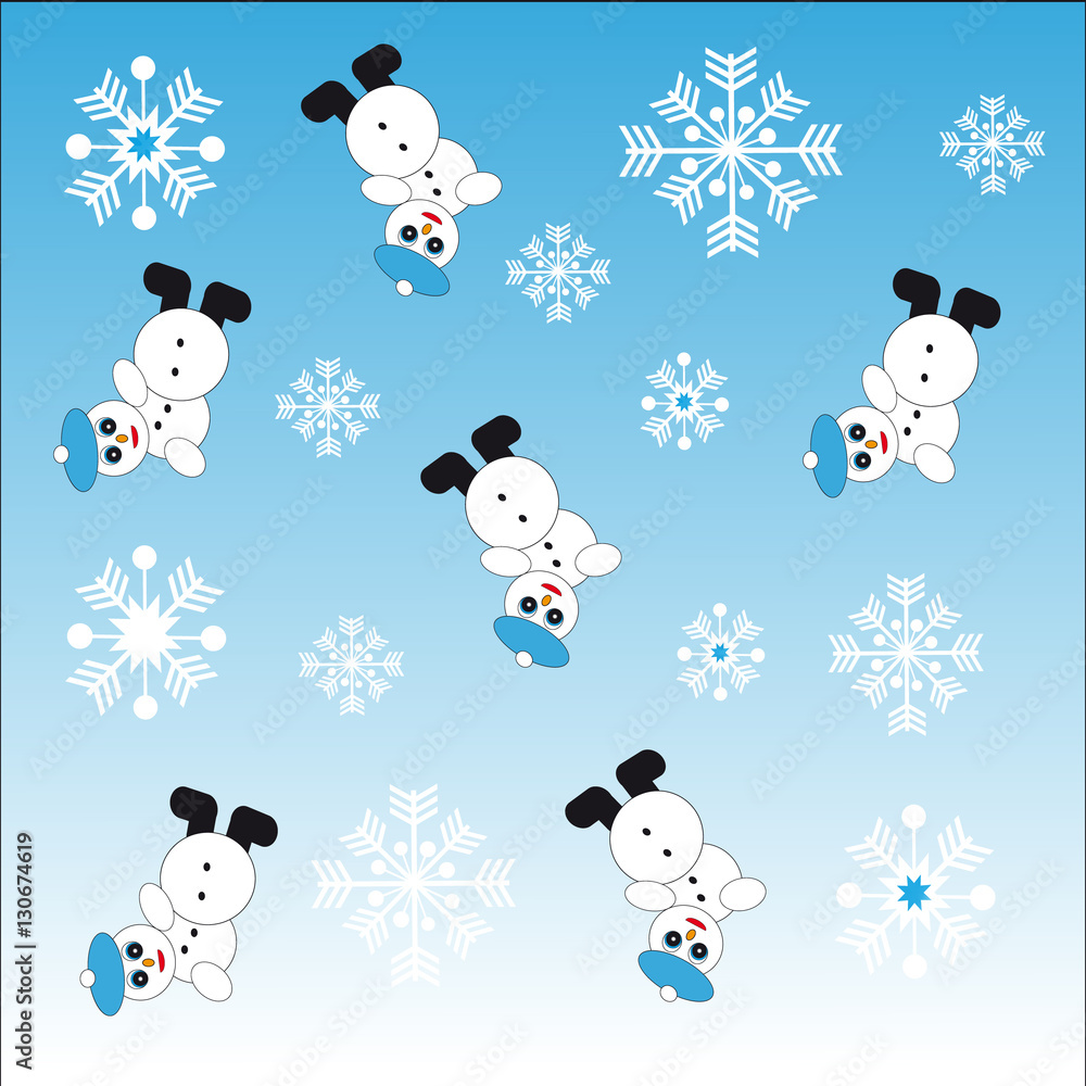 Snowmans and snowflakes on blue background