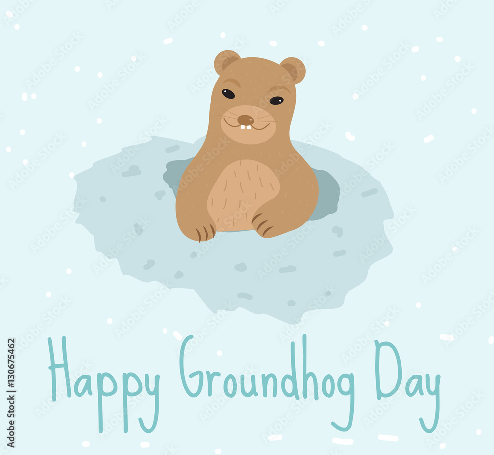 Happy Groundhog Day. Greeting card flat style. Celebration of spring. Cute, funny marmot comes out of the hole. Vector illustration Happy Groundhog Day. Greeting card flat style. Celebration of spring. Cute, funny marmot comes out of the hole. Vector illustration