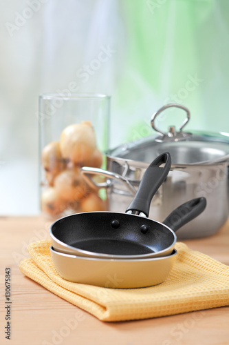 cooking equipment on wooden table
