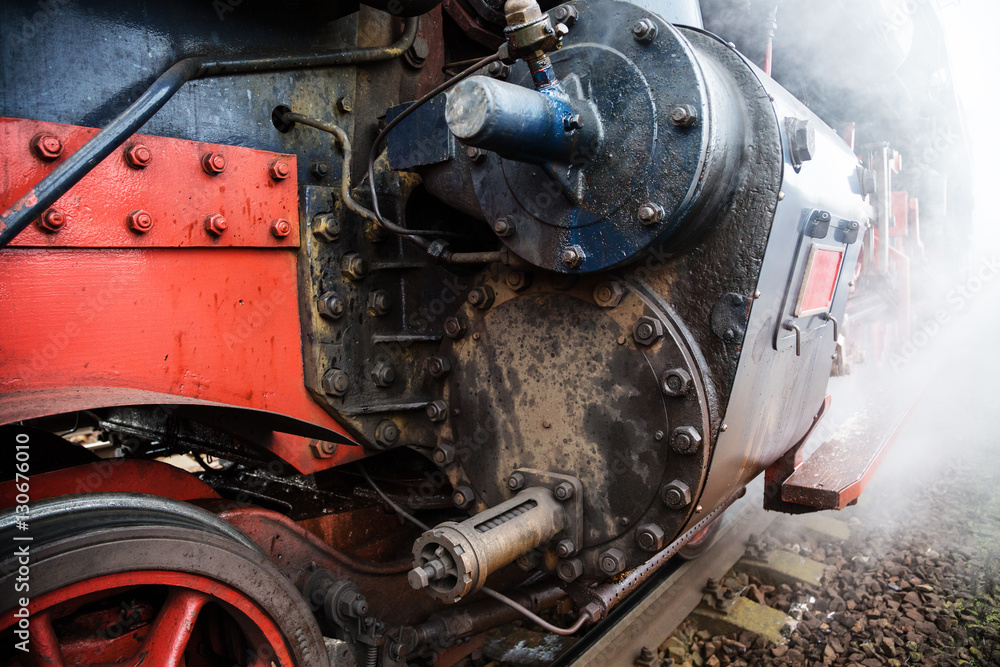 historical train close-up with steam historical train close-up with steam