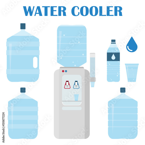 Office water set. Water cooler set. Bottles and plastic cups of water. Vector illustration