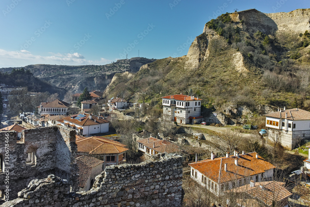 Ruins of Byzantine fortress and Panoramic view to Melnik town, Blagoevgrad region, Bulgaria