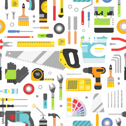 Construction tools vector icons seamless pattern. Hand equipment background in flat style.