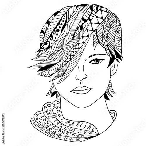 Girl face Hand drawn sketched vector illustration. Doodle woman face graphic with ornate pattern. Design Isolated on white.