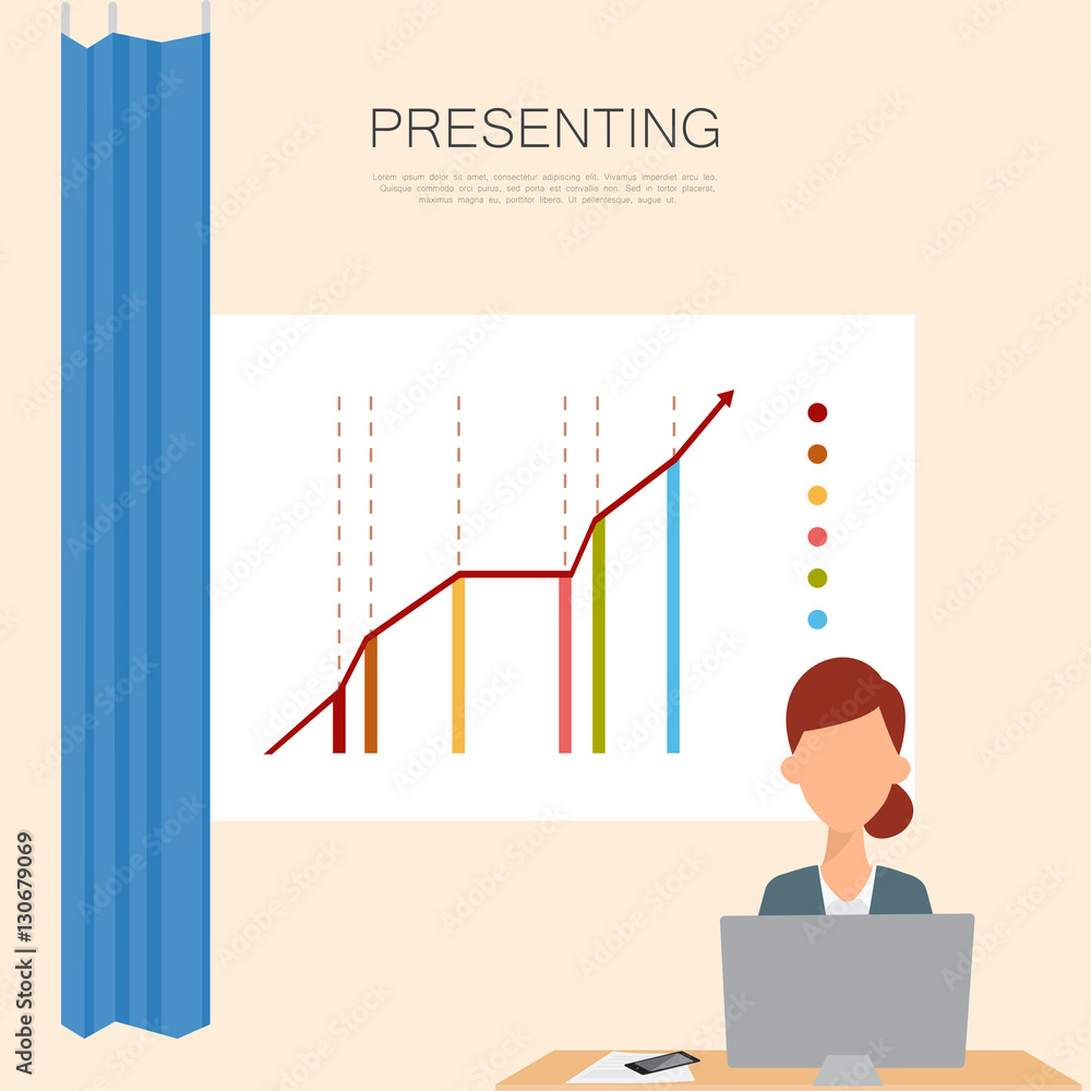 Business woman presenting a chart of business profits. Business infographic flat design. Business woman presenting a chart of business profits. Business infographic flat design.