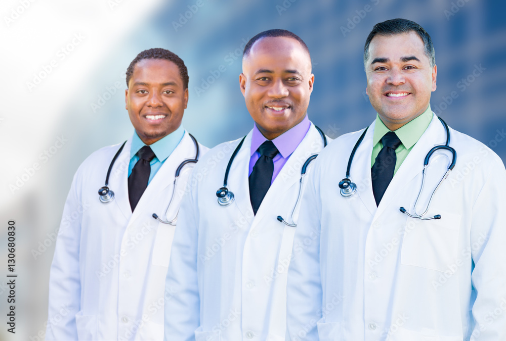 African American and Hispanic Male Doctors Outside of Hospital B African American and Hispanic Male Doctors Outside of Hospital B