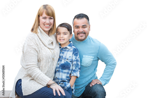 Happy Mixed Race Hispanic and Caucasian Family Isolated on a White Background.