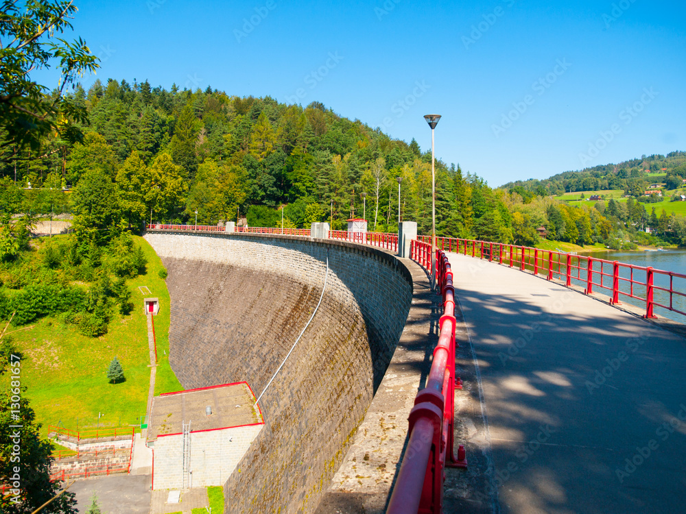 Bystricka Dam near Vsetin and forested hills around it in Moravia, Czech Republic, Europe. Sunny summer day shot