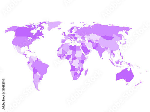 World map with names of sovereign countries and larger dependent territories. Simplified vector map in four shades of violet on white background.