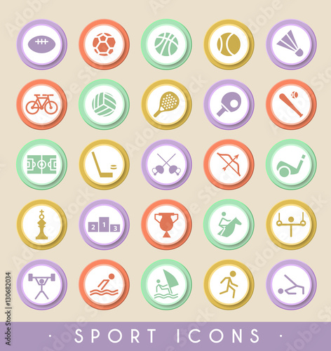 Set of Sport Icons on Circular Colored Buttons. Vector Isolated Elements.