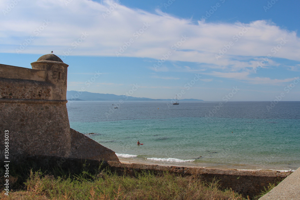 Sea and Citadel wall in Ajacco. Corse, France.