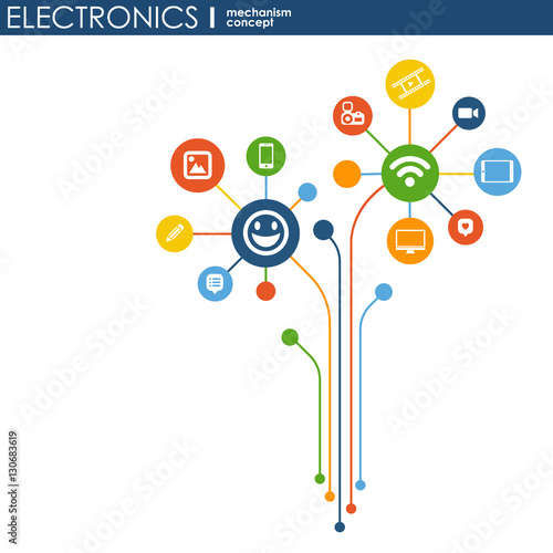 Electronics mechanism. Abstract background with connected gears and integrated flat icons. Connected symbols for laptop  monitor  phone. Vector interactive illustration