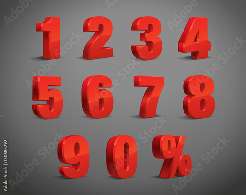 3D Red Metallic Letter. 0, 1, 2, 3, 4, 5, 6, 7, 8, 9 numeral alphabet. Vector Isolated Number.
