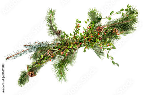 Holiday garland with pine & spruce branches, pine cones and Common Bearberry/Kinnikinnick photo