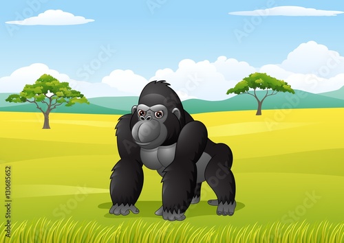 Cartoon gorilla in the savanna landscape