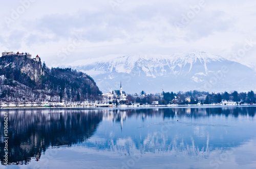 Lake Bled in winter atmosphere of slovenian Alps, Slovenia