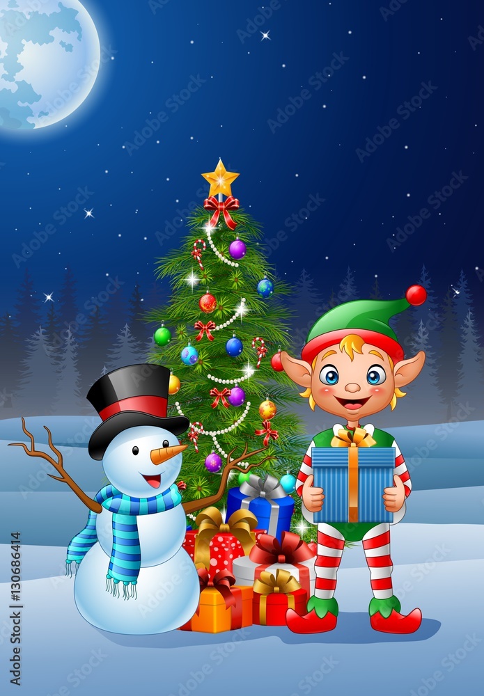 Christmas background with elf and snowman Christmas background with elf and snowman