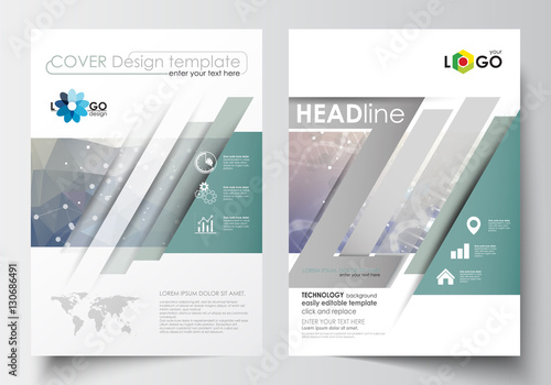 Templates for brochure, magazine, flyer, booklet. Cover design template, easy editable blank, flat layout in A4 size. DNA molecule structure on blue background. Scientific research, medical technology