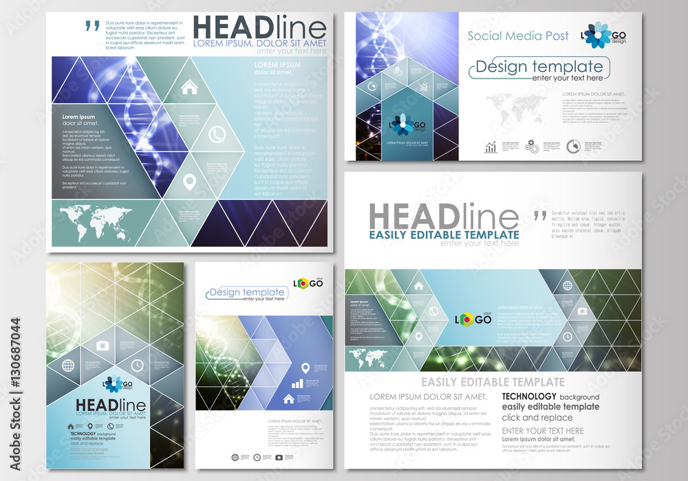 Social media posts set. Business templates. Cover design template, easy editable, flat layouts in popular formats. DNA molecule structure, science background. Scientific research, medical technology.