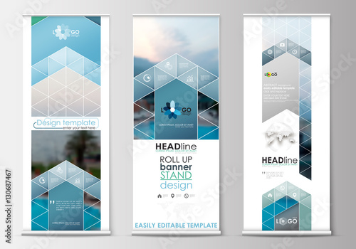 Roll up banner stands, flat design, abstract geometric templates, modern business layouts, corporate vertical vector flyers. Blue color travel decoration, easy editable, colorful natural landscape.