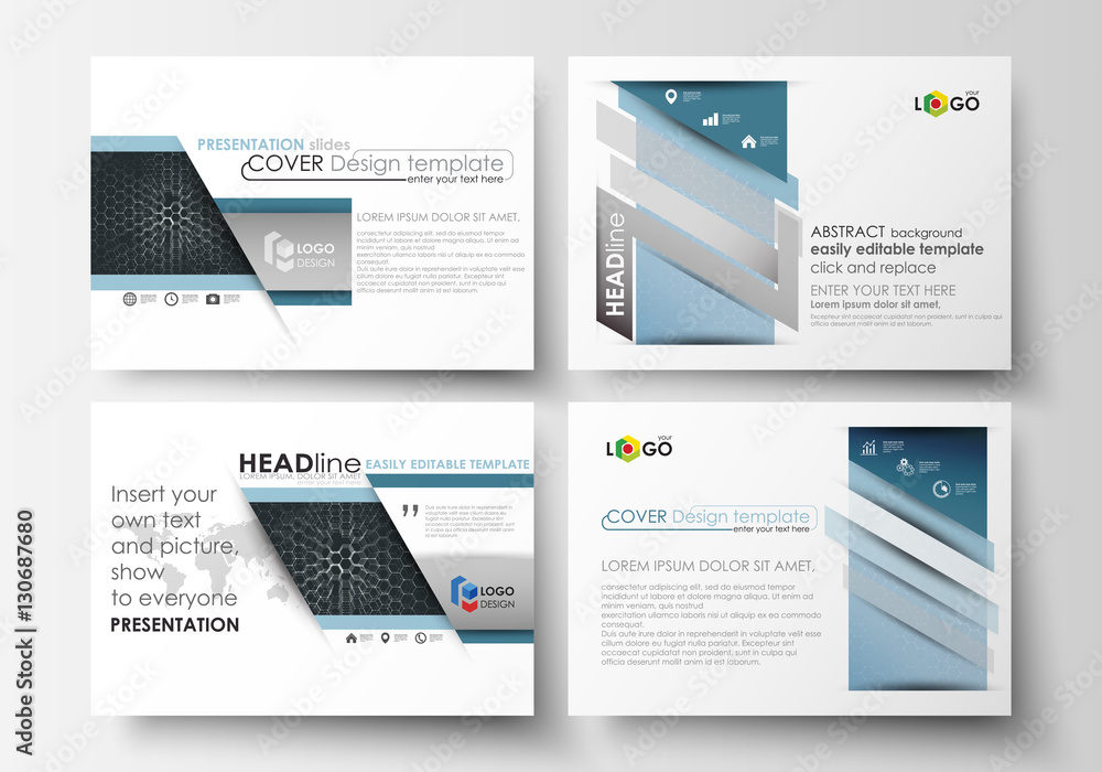 Set of business templates for presentation slides. Easy editable vector layouts in flat design. Chemistry pattern, hexagonal molecule structure. Medicine, science, technology concept.