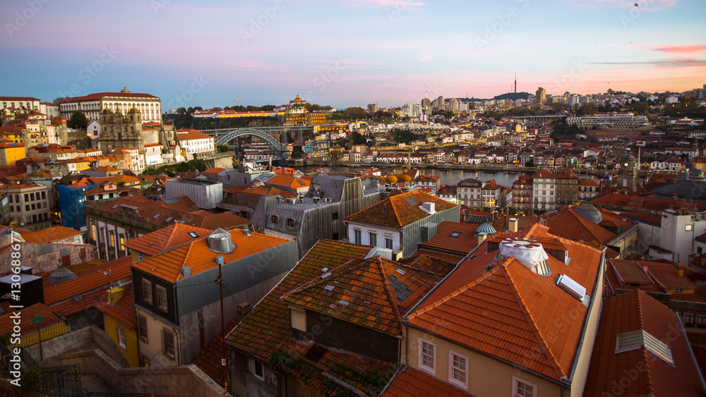 View of Porto old town at dusk, Portugal.