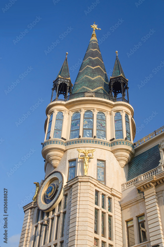Old art nouveau building with tower and clock, Batumi.Georgia