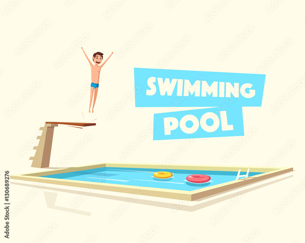 Man jumping. Swimming pool with a diving board. Cartoon Vector illustration