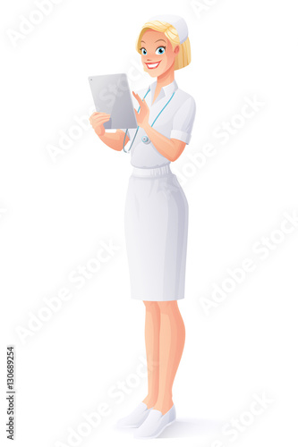 Vector medical nurse in uniform using touch pad tablet computer.