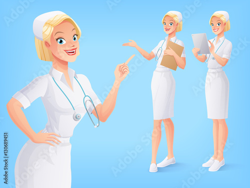 Smiling medical nurse in uniform in various poses. Vector set.