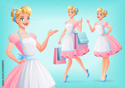 Cute smiling housewife in apron in different poses. Vector set.