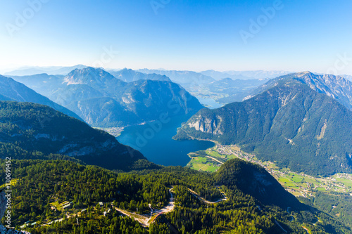 Panorama view from the Dachstein mountains south to the mountains of the Niedere Tauern, alps, Austria