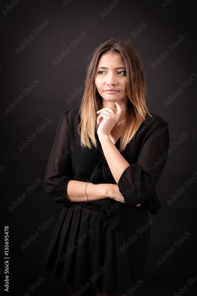 Beautiful woman doing different expressions in different sets of clothes: thinking Beautiful woman doing different expressions in different sets of clothes: thinking