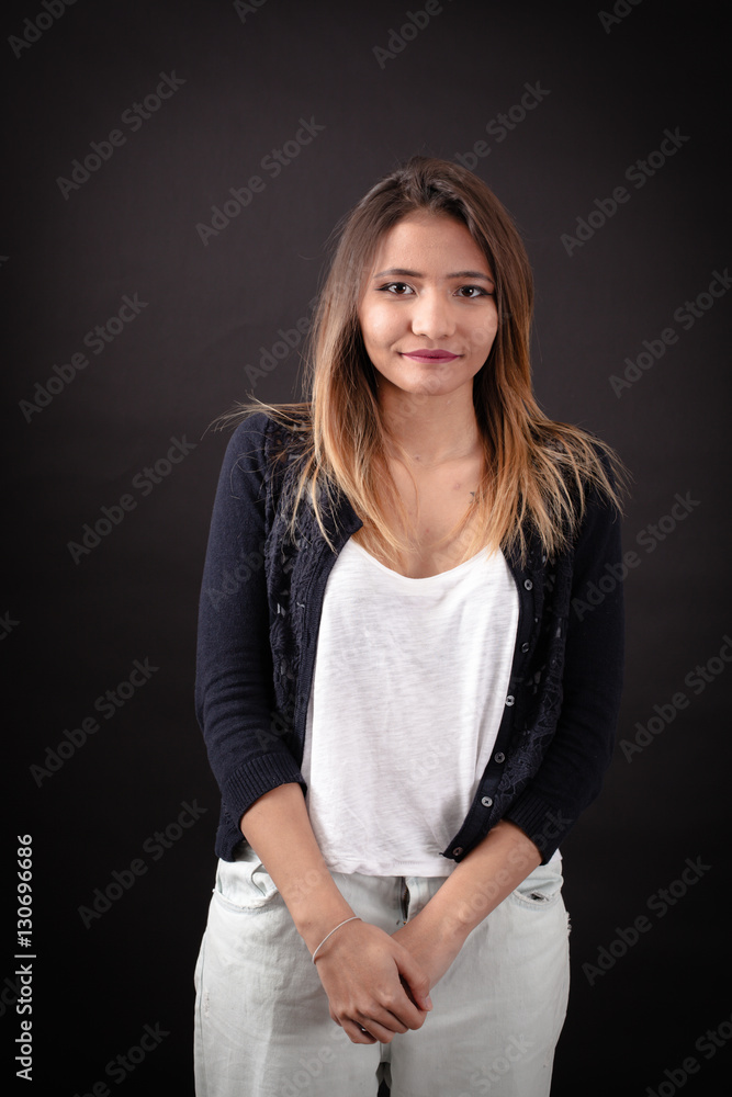 Beautiful woman doing different expressions in different sets of clothes: love Beautiful woman doing different expressions in different sets of clothes: love