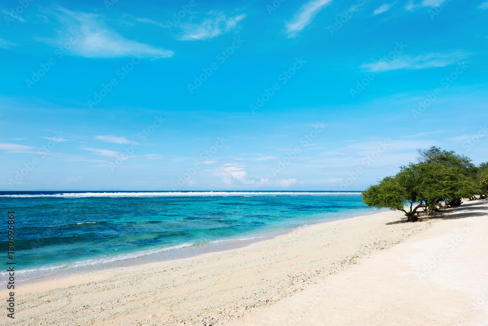 Tropical beach and green trees with blue sky