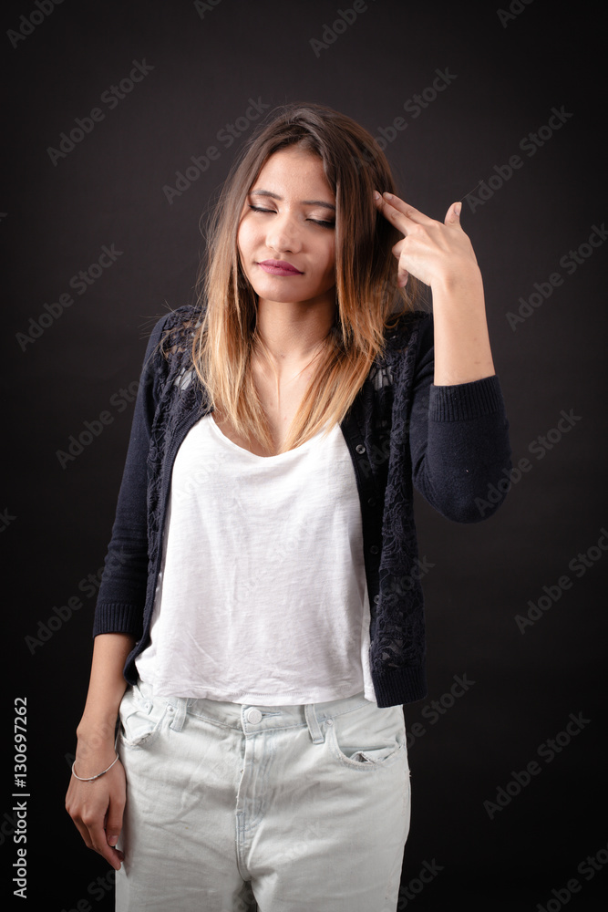 Beautiful woman doing different expressions in different sets of clothes: commit suicide