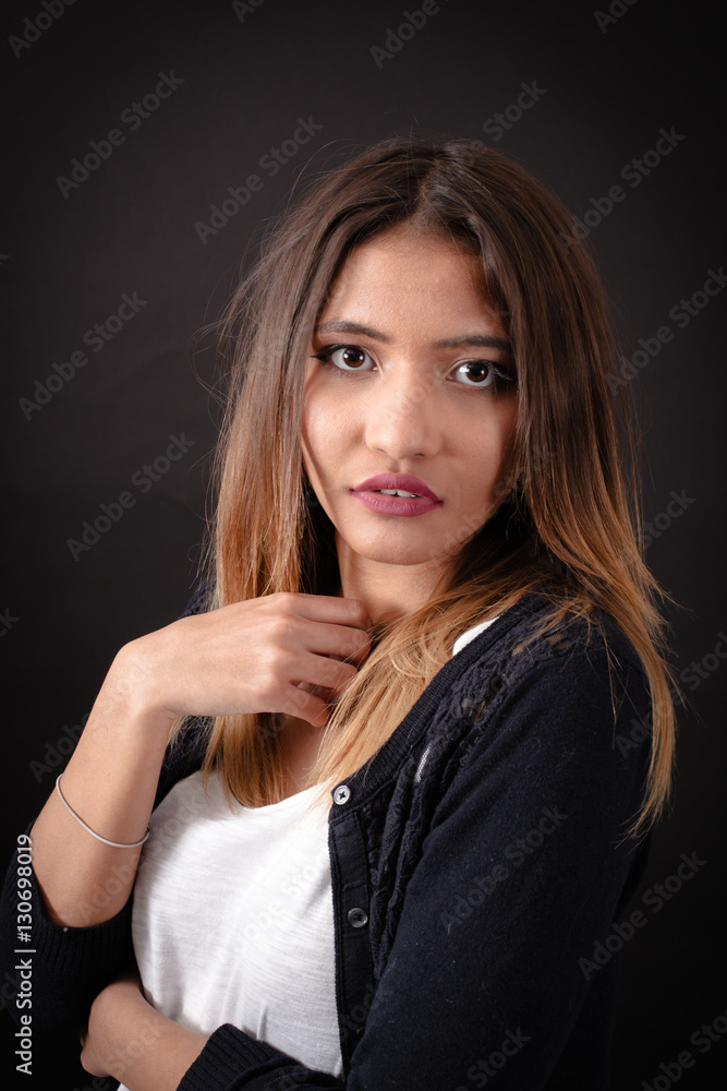 Beautiful woman doing different expressions in different sets of clothes: thinking Beautiful woman doing different expressions in different sets of clothes: thinking