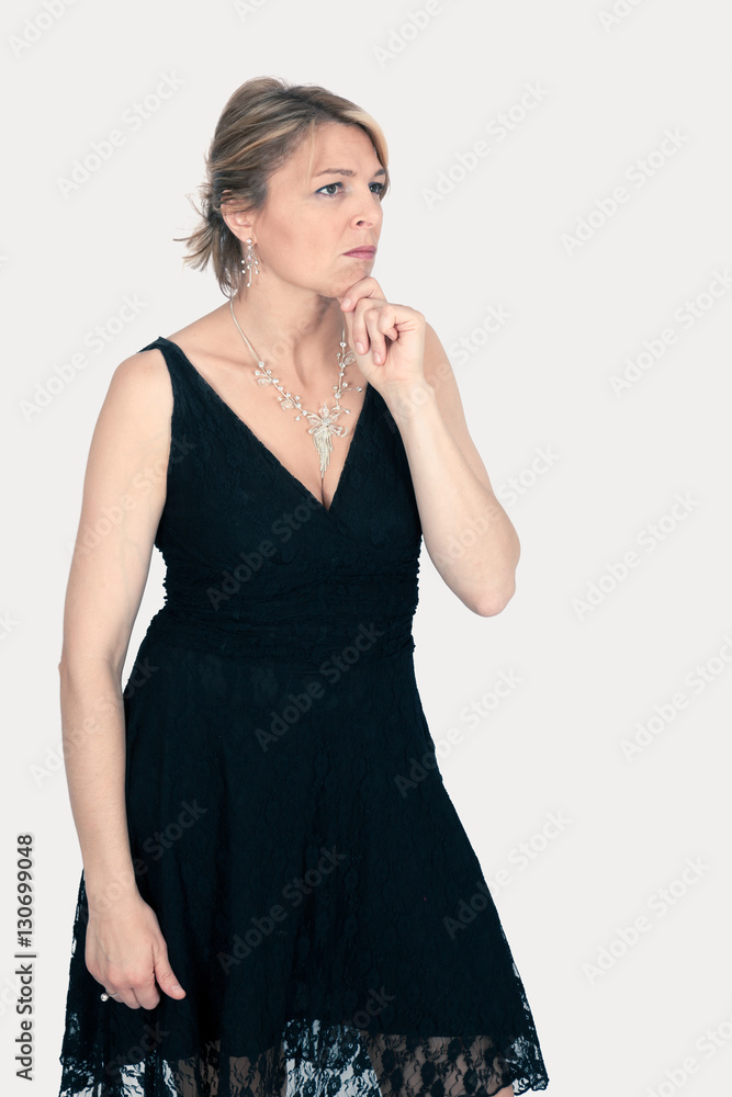 Beautiful woman doing different expressions in different sets of clothes: thinking Beautiful woman doing different expressions in different sets of clothes: thinking