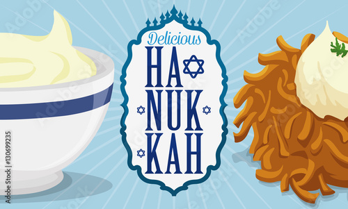 Delicious Latke and Sauce with Label Commemorating Hanukkah Traditions, Vector Illustration
