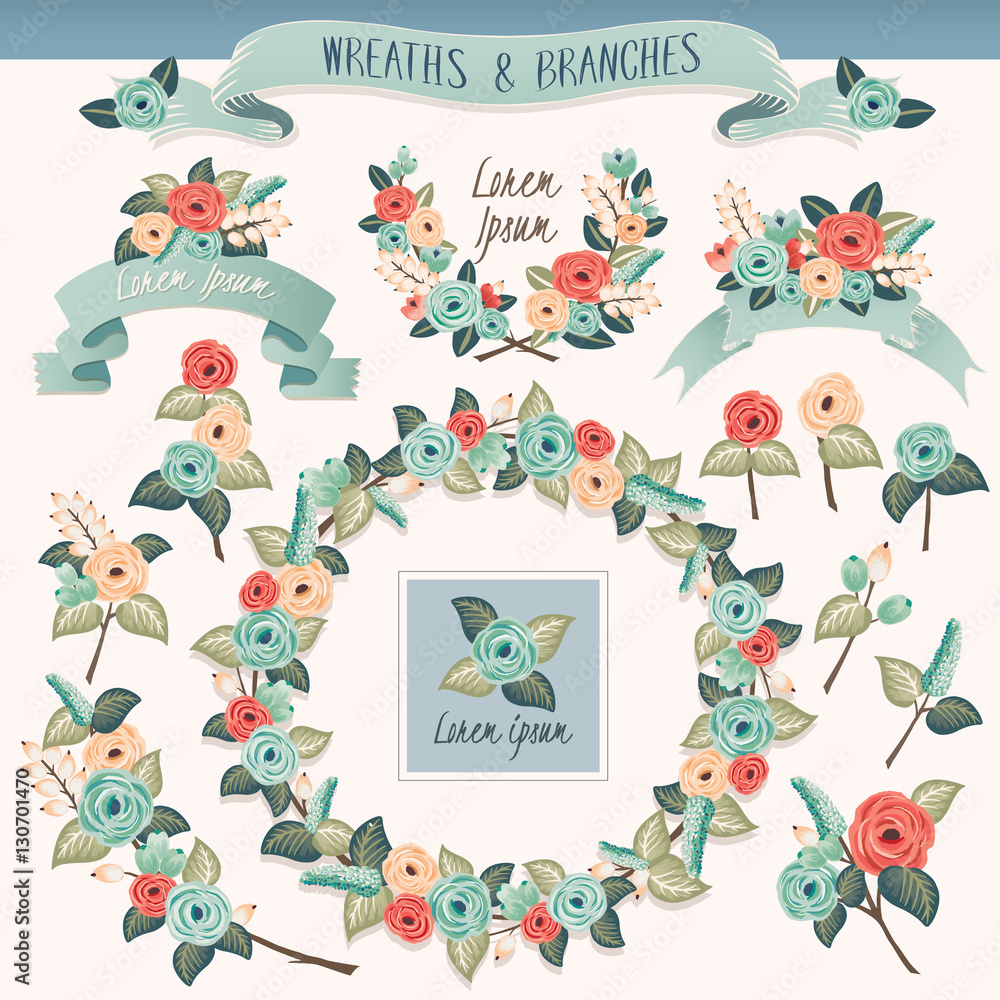 Vector illustration of a floral borders collection. A set of beautiful frames with flowers and branches for wedding invitations and birthday cards