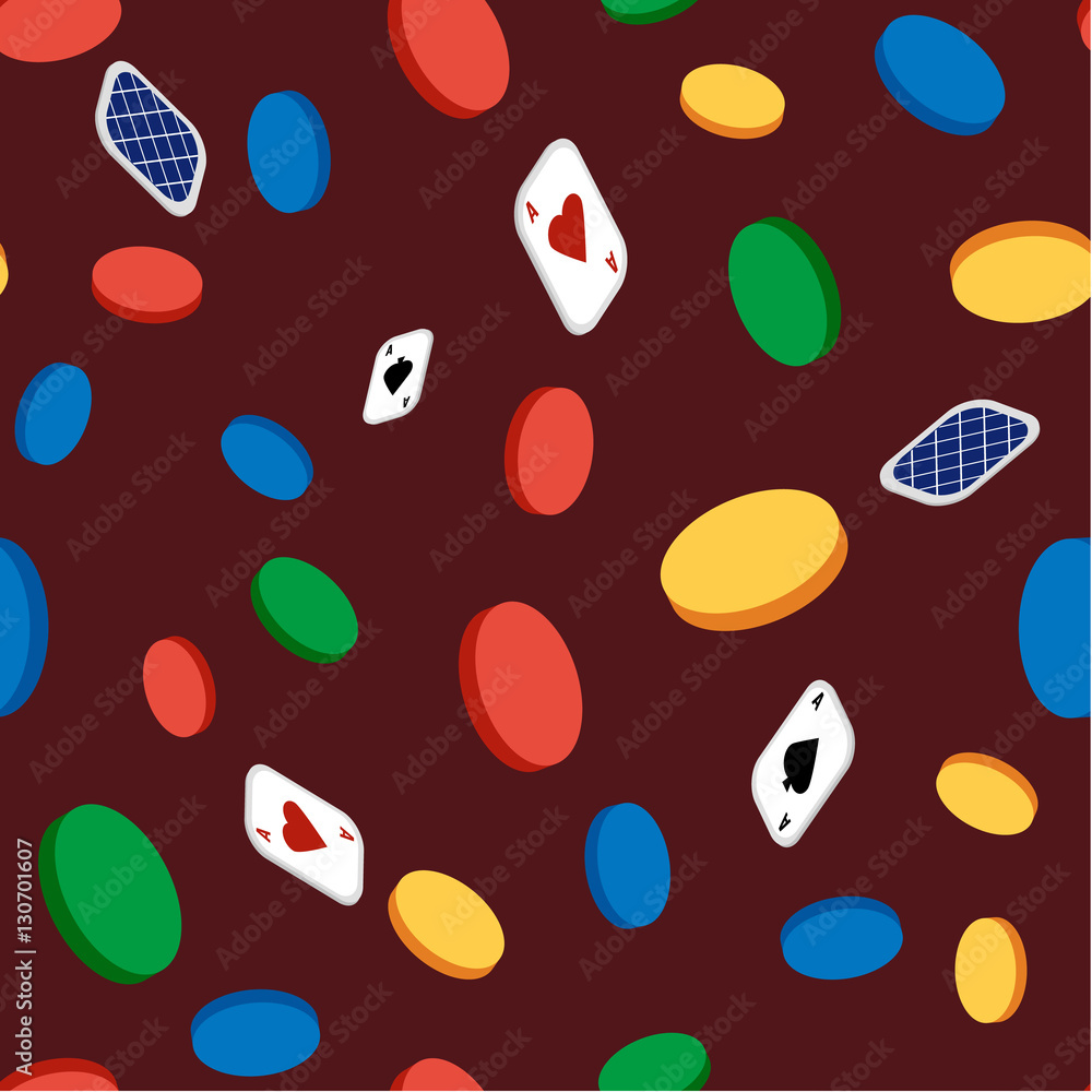 Vector seamless pattern with cards and chips on a red background Vector seamless pattern with cards and chips on a red background
