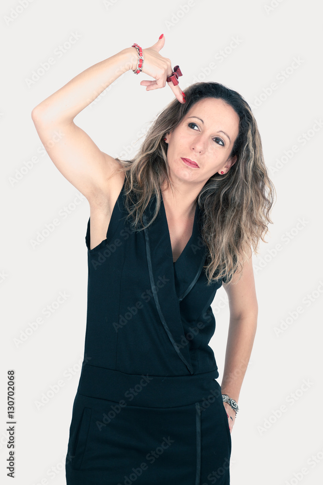 Fototapeta premium Beautiful woman doing different expressions in different sets of clothes suicide