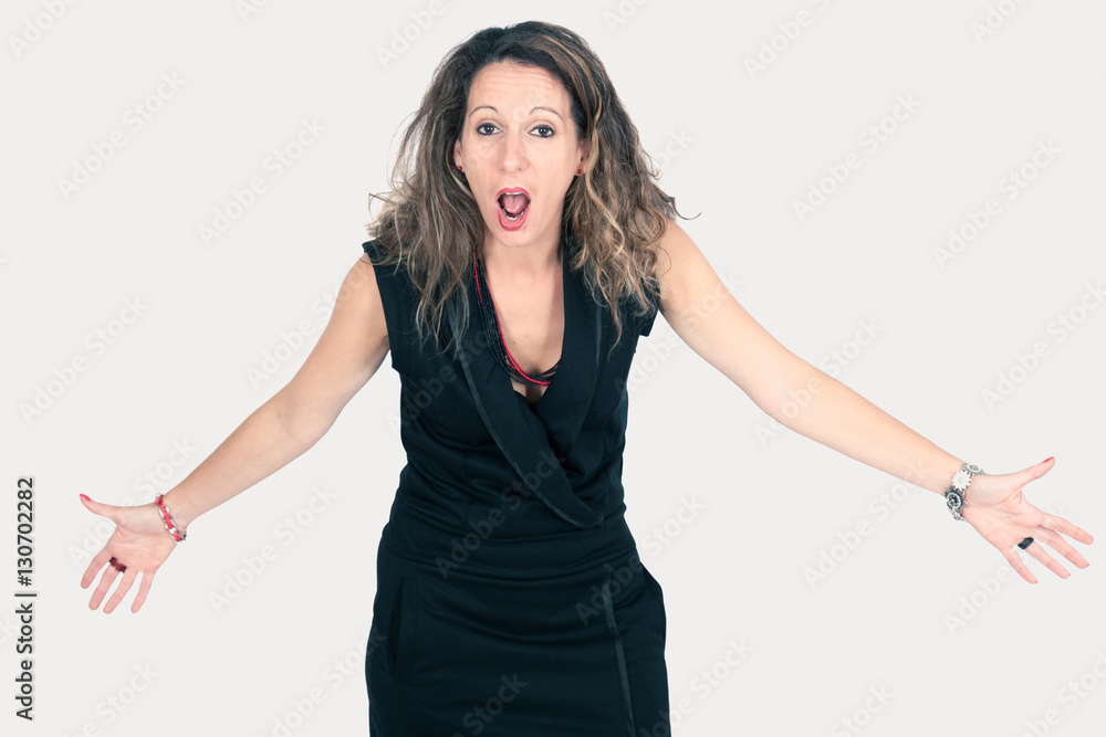 Beautiful woman doing different expressions in different sets of clothes surprise Beautiful woman doing different expressions in different sets of clothes surprise