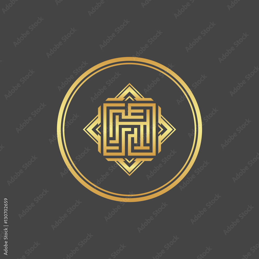 Abstract gold element. Maze emblem. Labyrinth. Abstract gold element. Maze emblem. Labyrinth.